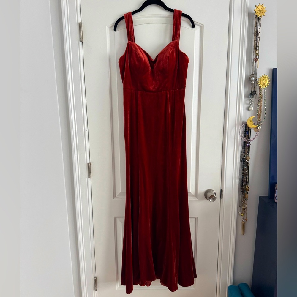 Terracotta velvet bridesmaid dress